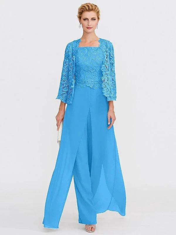 3 Piece Chiffon Square Neck Mother of the Bride Pantsuits with Jacket by Dreamylily