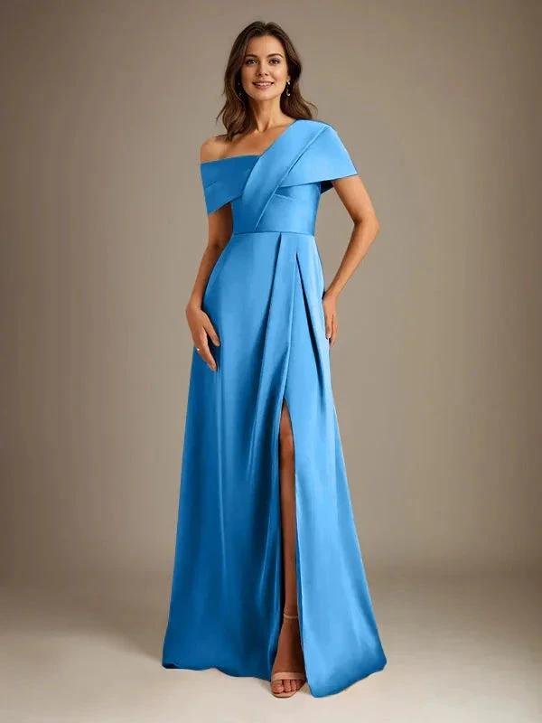 A-Line Asymmetrical Neckline Floor-Length Satin Mother of the Bride Dress With Pleated by Dreamylily