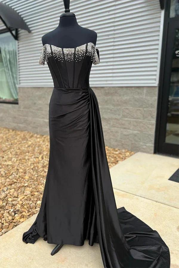 Off-Shoulder Mermaid Black Long Prom Dress With Beading PSK611 by pgmdress