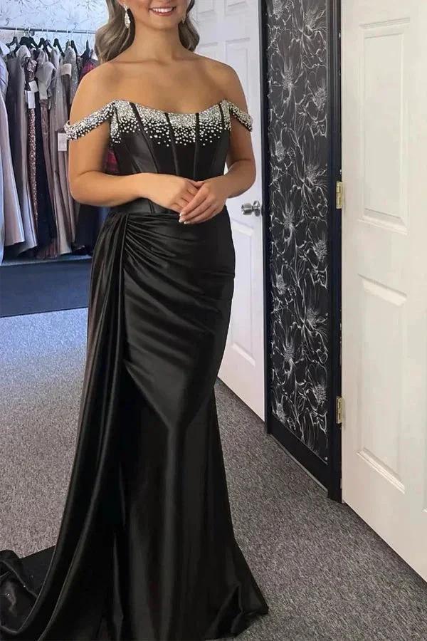 Off-Shoulder Mermaid Black Long Prom Dress With Beading PSK611 by pgmdress