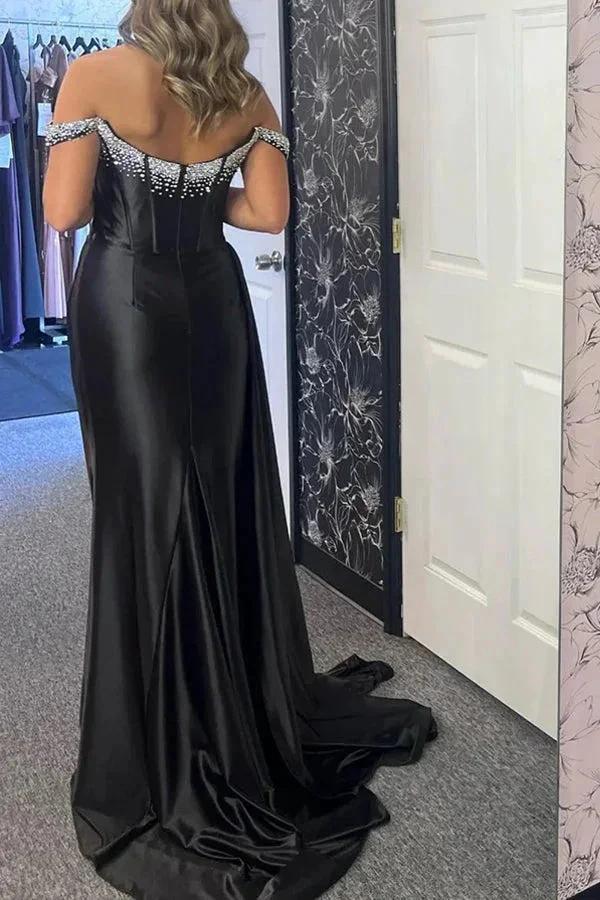 Off-Shoulder Mermaid Black Long Prom Dress With Beading PSK611 by pgmdress