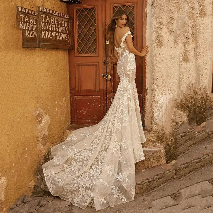 Off The Shoulder Mermaid Wedding Dresses Backless Lace Vestidos De Novia Appliques Beach Country Vestido De Noiva by payinti