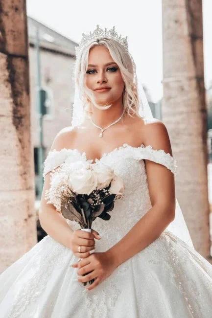 Off-The-Shoulder Sweetheart Stain Ball Gown Wedding Dress with Appliques by misshow.com