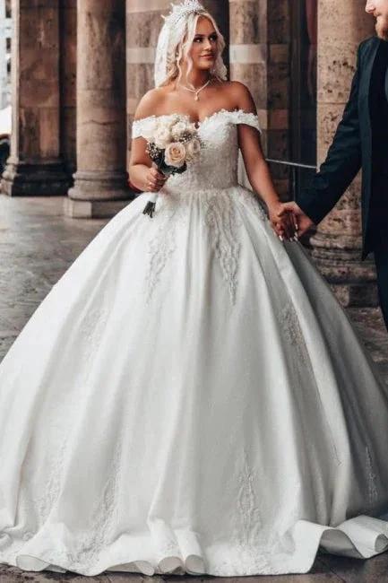 Off-The-Shoulder Sweetheart Stain Ball Gown Wedding Dress with Appliques by misshow.com