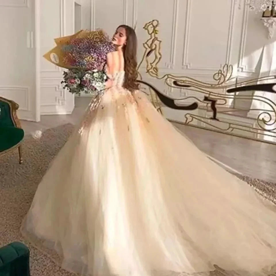Off the Shoulder Sweetheart Tulle Long Evening Gowns 3D Flowers Appliques Formal Party Dresses Princess Ball Gown Prom Dresses by payinti