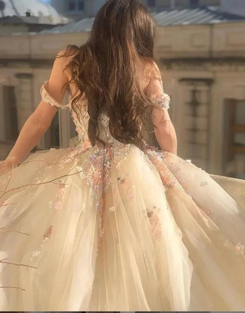 Off the Shoulder Sweetheart Tulle Long Evening Gowns 3D Flowers Appliques Formal Party Dresses Princess Ball Gown Prom Dresses by payinti