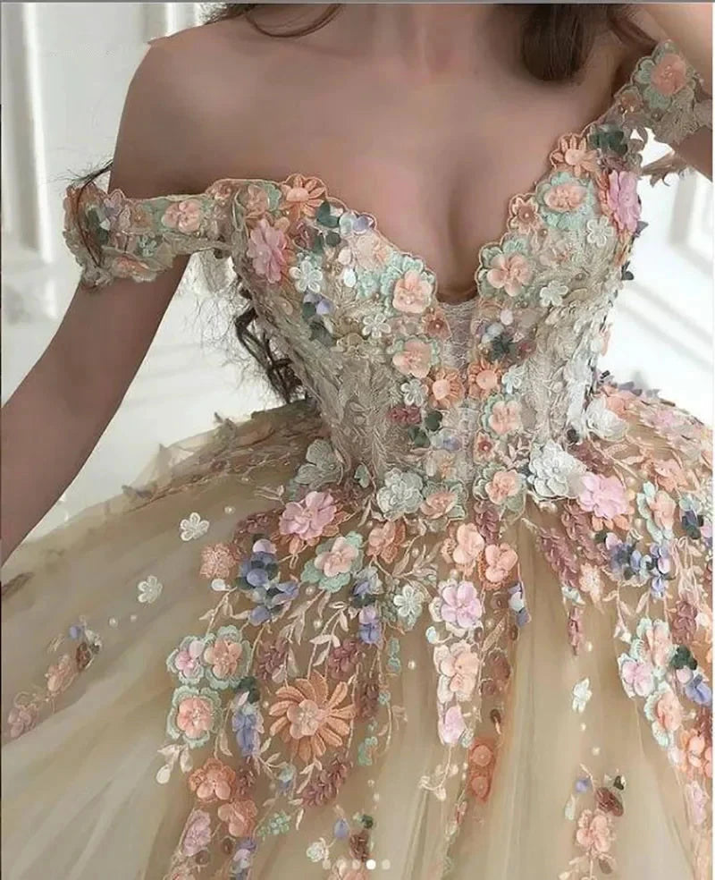 Off the Shoulder Sweetheart Tulle Long Evening Gowns 3D Flowers Appliques Formal Party Dresses Princess Ball Gown Prom Dresses by payinti