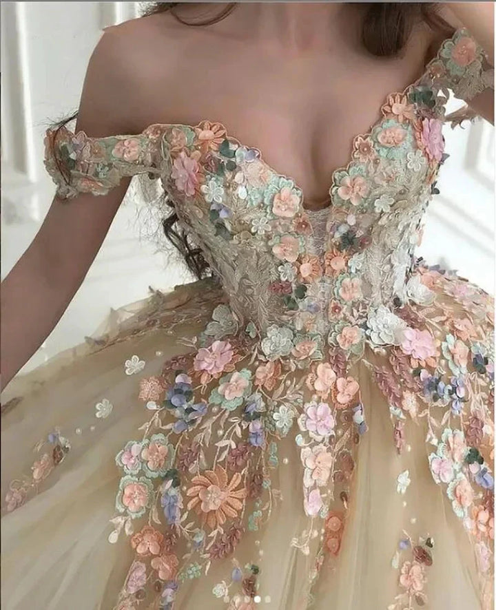 Off the Shoulder Sweetheart Tulle Long Evening Gowns 3D Flowers Appliques Formal Party Dresses Princess Ball Gown Prom Dresses by payinti