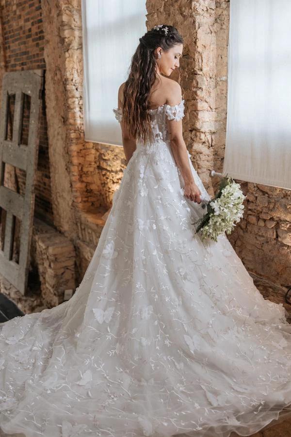 Elegant White Long A-line Off the Shoulder Tulle Floral Lace Wedding Dress by BIZTUNNEL