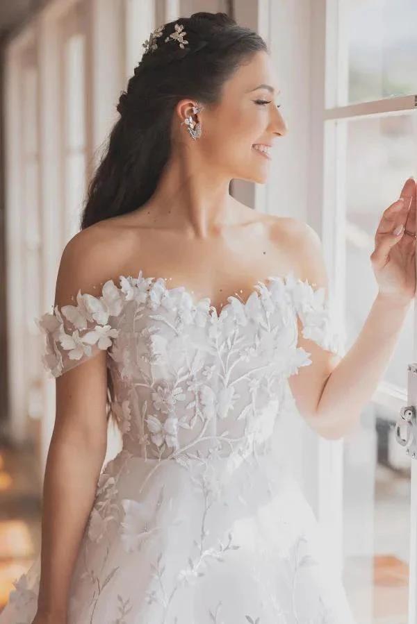 Elegant White Long A-line Off the Shoulder Tulle Floral Lace Wedding Dress by BIZTUNNEL