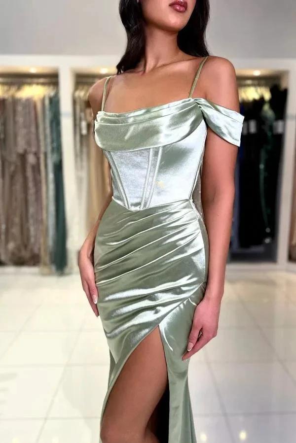 Charming Floor-Length Off-The-Shoulder Satin Mermaid Prom Dresses with Split by BIZTUNNEL