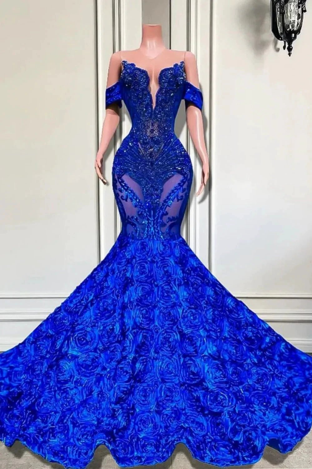 Charming Off-The-Shoulder Sequined Royal Blue Mermaid Prom Dresses by BIZTUNNEL