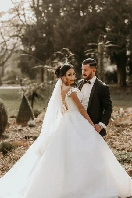 Off the shoulder White Garden Ball Gown Wedding Dress by misshow.com