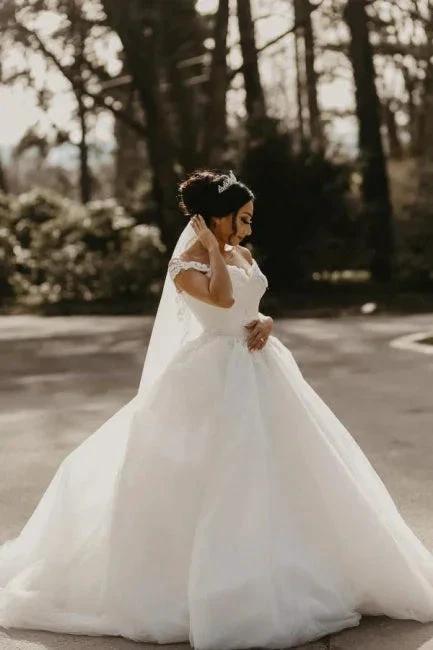 Off the shoulder White Garden Ball Gown Wedding Dress by misshow.com