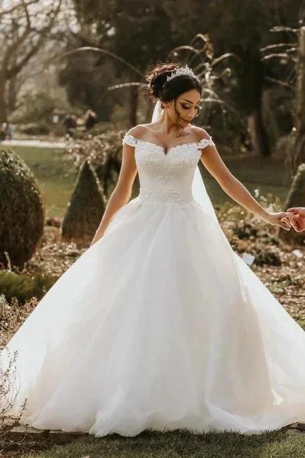 Off the shoulder White Garden Ball Gown Wedding Dress by misshow.com