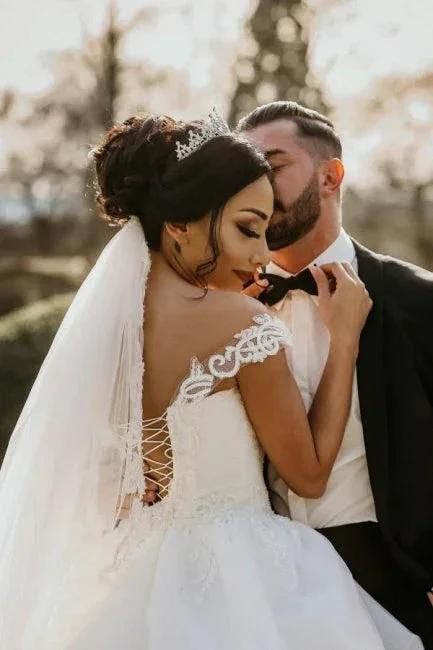 Off the shoulder White Garden Ball Gown Wedding Dress by misshow.com