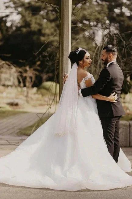 Off the shoulder White Garden Ball Gown Wedding Dress by misshow.com