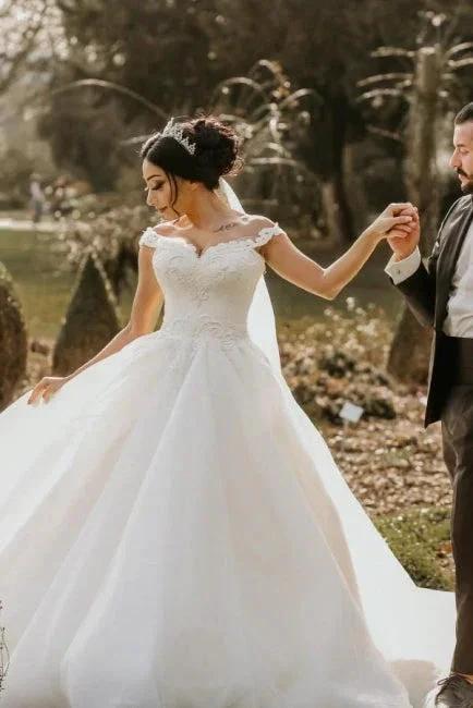Off the shoulder White Garden Ball Gown Wedding Dress by misshow.com