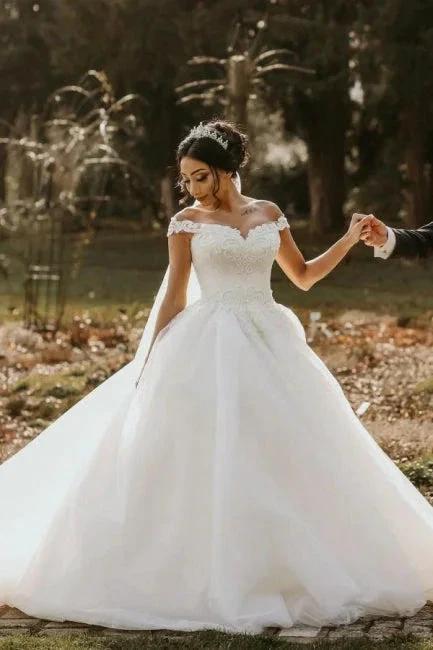 Off the shoulder White Garden Ball Gown Wedding Dress by misshow.com