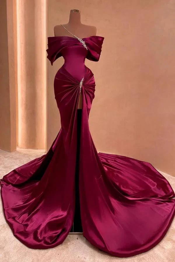 Off-the-shoulder Satin Long Split Front Mermaid Prom Dresses With Beads by BIZTUNNEL