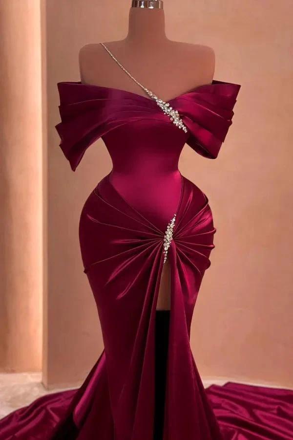 Off-the-shoulder Satin Long Split Front Mermaid Prom Dresses With Beads by BIZTUNNEL