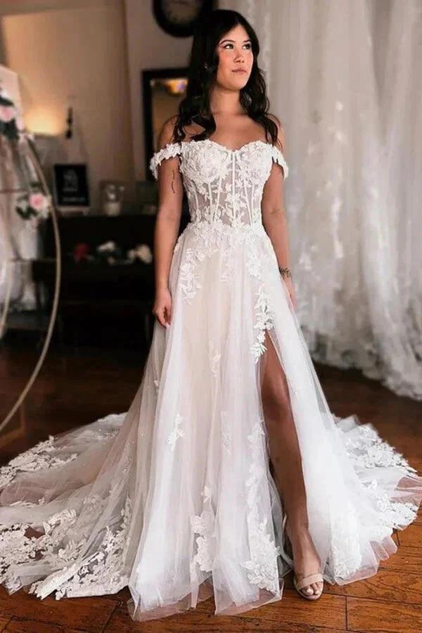 Off Shoulder Elegant Wedding Dress Boho Wedding Dress With Slit WD735 by pgmdress