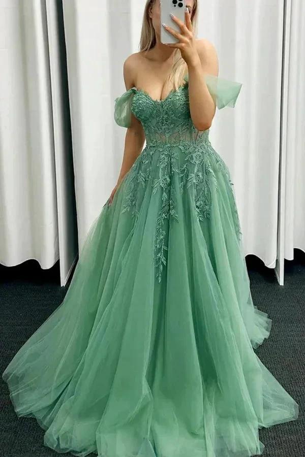Off Shoulder Green Lace Long Prom Dresses Green Formal Gown PSK549 by pgmdress