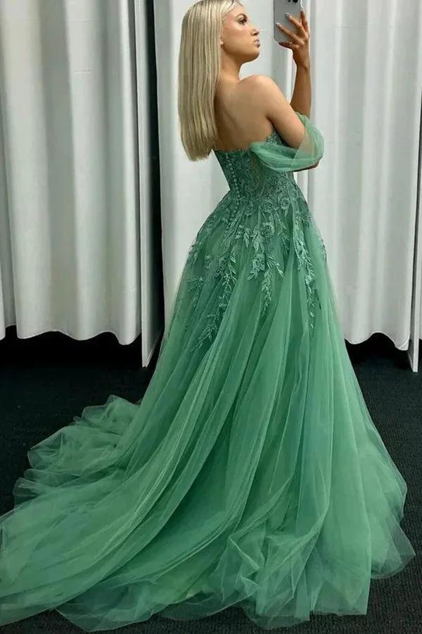 Off Shoulder Green Lace Long Prom Dresses Green Formal Gown PSK549 by pgmdress