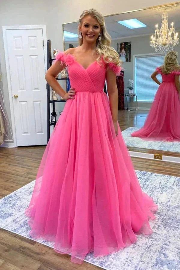 Off Shoulder Hot Pink Tulle Prom Dresses with 3D Flowers PSK534 by pgmdress