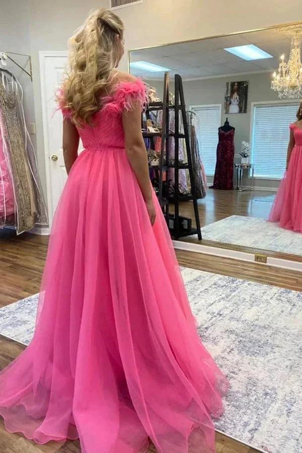 Off Shoulder Hot Pink Tulle Prom Dresses with 3D Flowers PSK534 by pgmdress