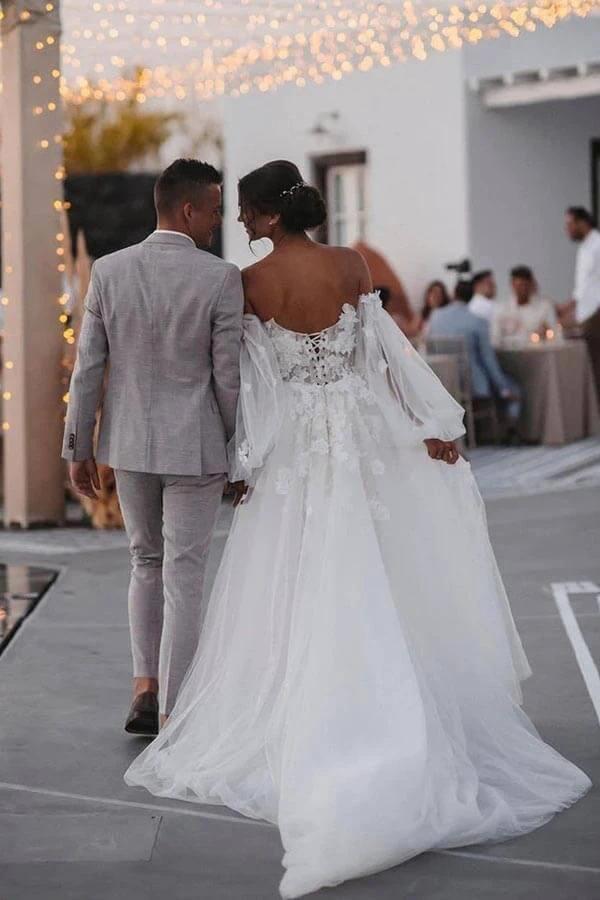 Off Shoulder Lace Mermaid Beach Wedding Dresses With Detachable Train WD655 by pgmdress