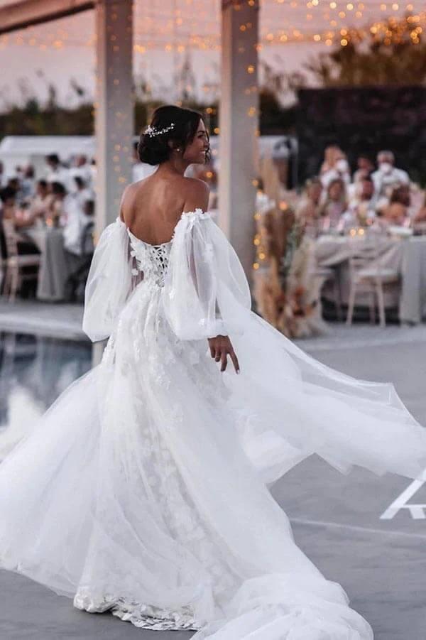 Off Shoulder Lace Mermaid Beach Wedding Dresses With Detachable Train WD655 by pgmdress