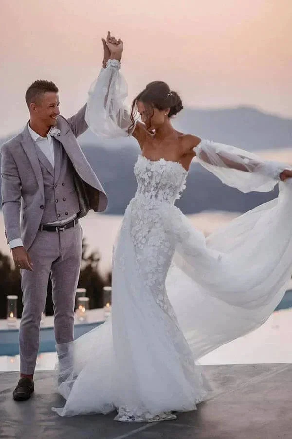 Off Shoulder Lace Mermaid Beach Wedding Dresses With Detachable Train WD655 by pgmdress