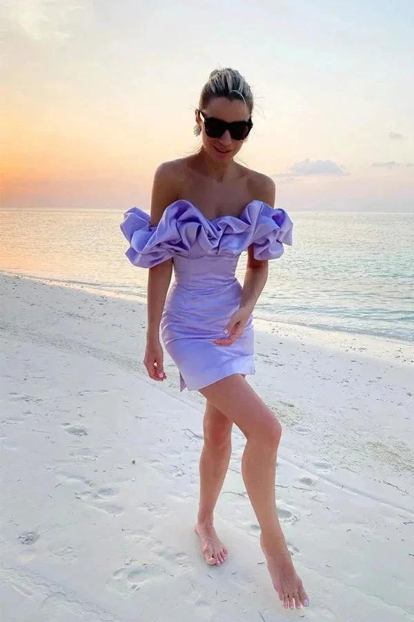 Off Shoulder Sleeveless Satin Mini Homecoming Dress With Ruffles PD540 by pgmdress