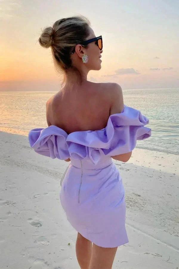Off Shoulder Sleeveless Satin Mini Homecoming Dress With Ruffles PD540 by pgmdress
