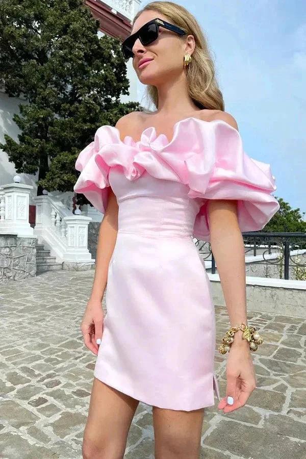 Off Shoulder Sleeveless Satin Mini Homecoming Dress With Ruffles PD540 by pgmdress