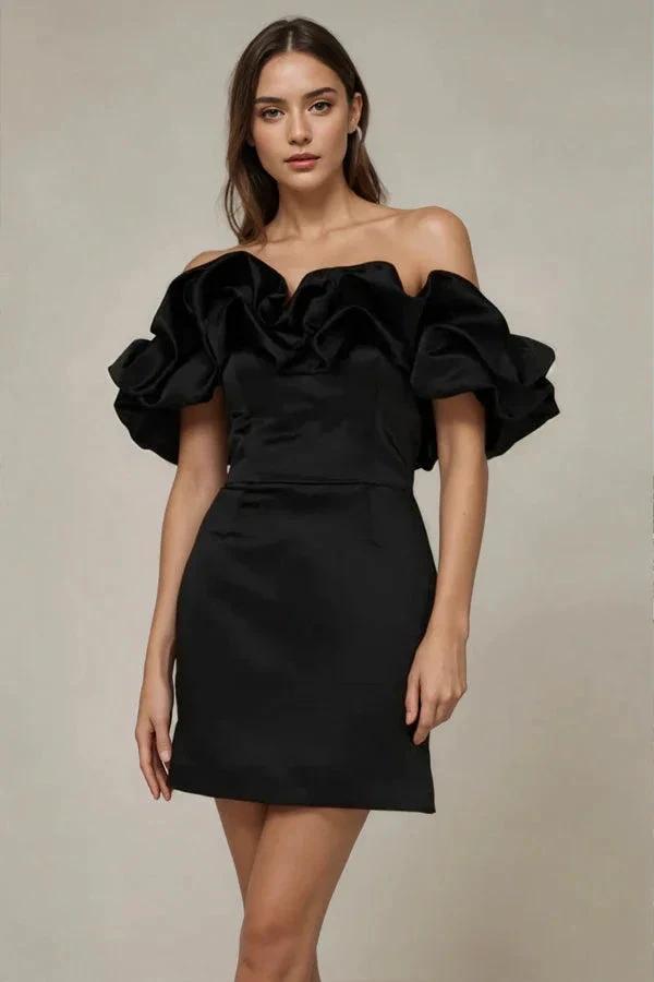 Off Shoulder Sleeveless Satin Mini Homecoming Dress With Ruffles PD540 by pgmdress