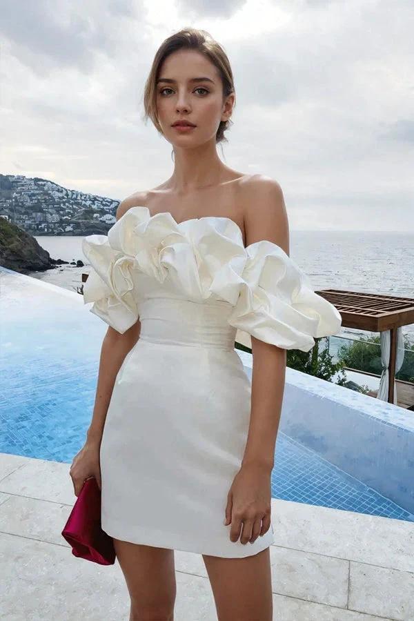 Off Shoulder Sleeveless Satin Mini Homecoming Dress With Ruffles PD540 by pgmdress