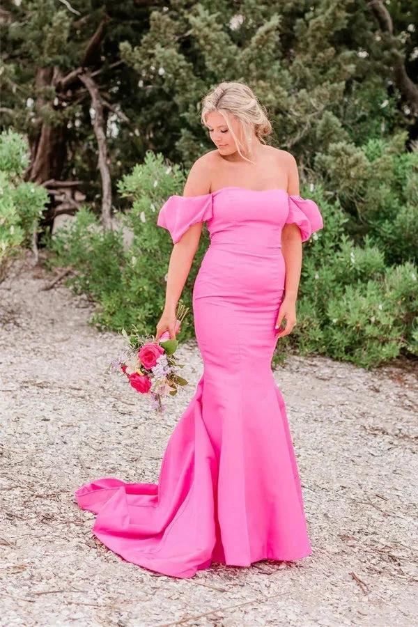 Off Shoulder Strapless Mermaid Long Hot Pink Prom Dress PSK571 by Pgmdress