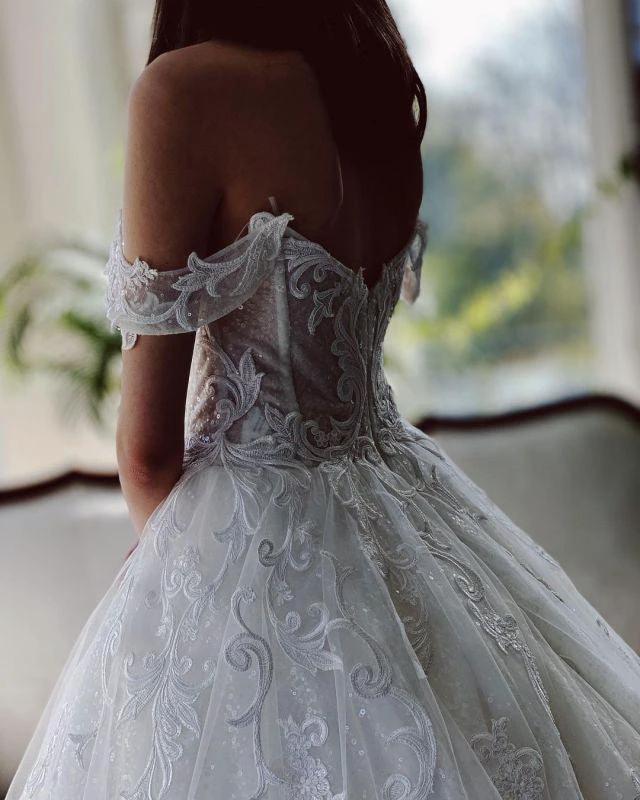 Off The Shoulder Tulle White Appliques Wedding Dresses With Beading WD579 by pgmdress