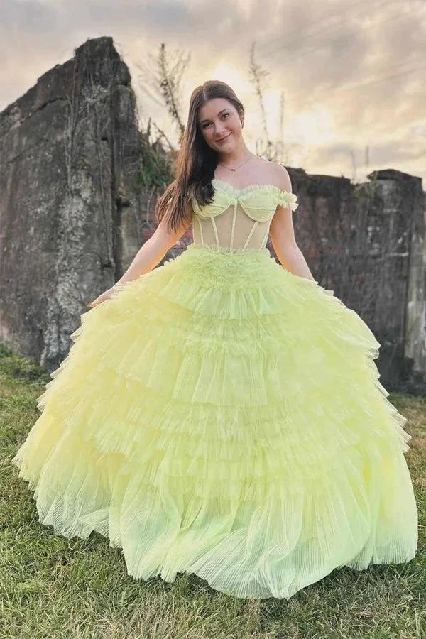 Off the Shoulder Light Yellow Ruffle Layered Prom Dress PSK480 by pgmdress