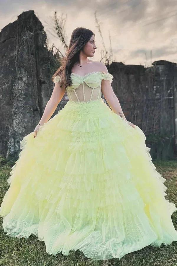Off the Shoulder Light Yellow Ruffle Layered Prom Dress PSK480 by pgmdress