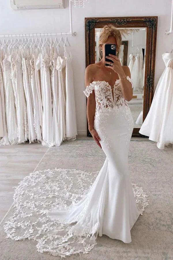 Off the Shoulder Mermaid Bridal Gown with Scalloped Lace Train Wedding Dress WD636 by pgmdress