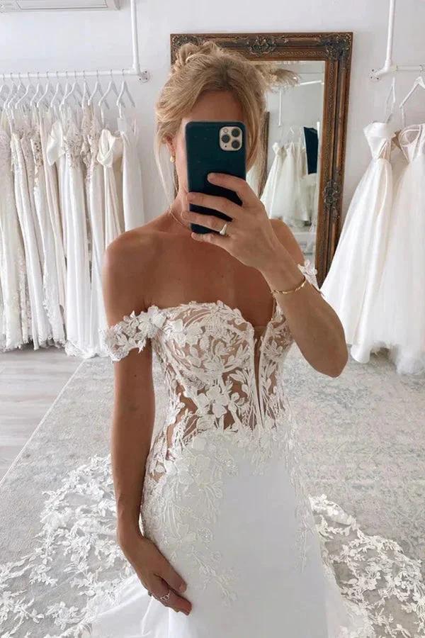 Off the Shoulder Mermaid Bridal Gown with Scalloped Lace Train Wedding Dress WD636 by pgmdress