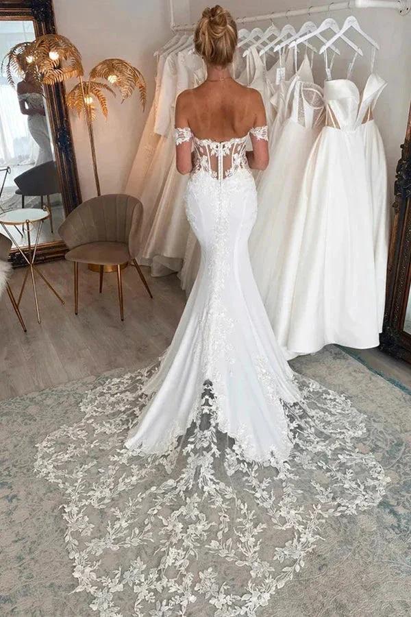 Off the Shoulder Mermaid Bridal Gown with Scalloped Lace Train Wedding Dress WD636 by pgmdress