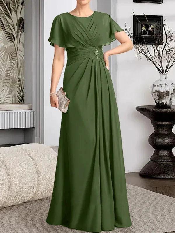 A-line Scoop Floor-Length Chiffon Mother of the Bride Dress With Pleated Beading by Dreamylily