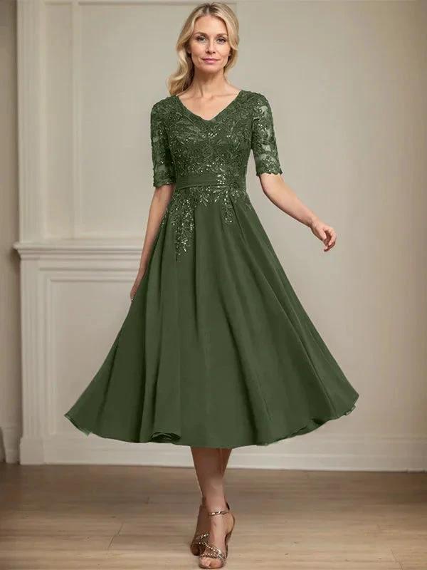 A-line V-Neck Tea-Length Lace Chiffon Mother of the Bride Dress With Sequins by Dreamylily