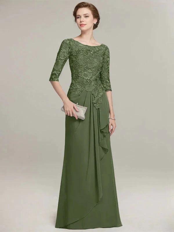 A-line Scoop Illusion Floor-Length Lace Chiffon Mother of the Bride Dress With Cascading Ruffles by Dreamylily