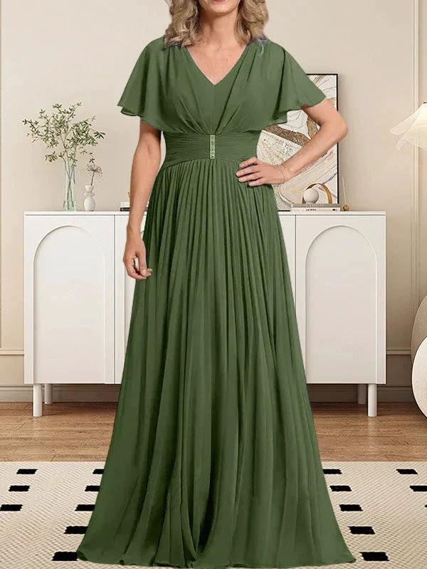 A-line V-Neck Floor-Length Chiffon Mother of the Bride Dress With Crystal Brooch Pleated by Dreamylily