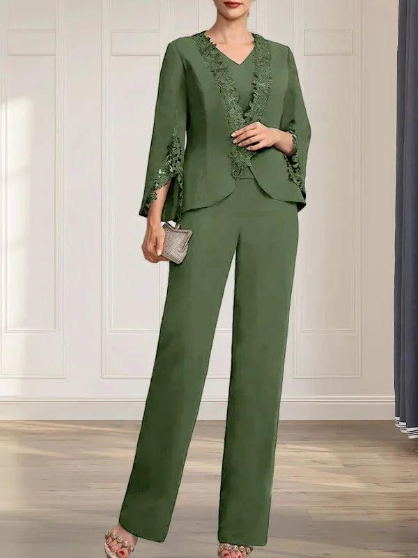 Separates Jumpsuit/Pantsuit V-Neck Floor-Length Chiffon Mother of the Bride Dress by Dreamylily